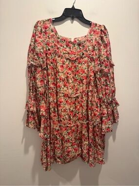 Moon River Floral Ruffle Tiered Pink and Green Dress